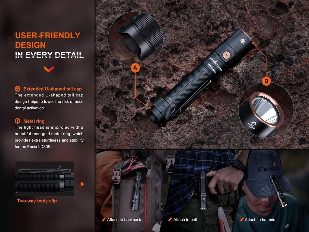 fenix LD30R Rechargeable Compact LED Torch 1700 Lumens 267m Up to 750 Hours Charging Port 18650 1 Lumen Moonlight Mode IP68 Black Ultra-Bright