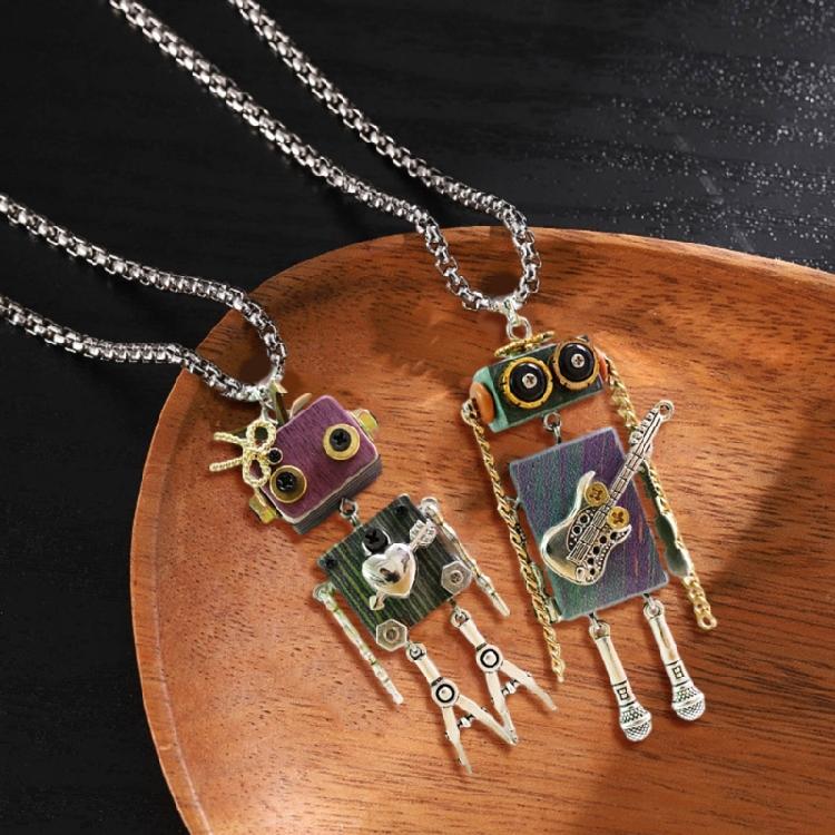 DIY Wooden Robot Pendant Necklace Unisex Clavicle Chain Punk Chokers for Women