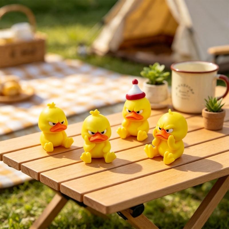 Cartoon Angry Duck Figurine Set, 4 Piece 3D Printed Yellow Duck Figures for Desktop Placement, Display Shelf Accent, and Office Shelf Use, Collectible