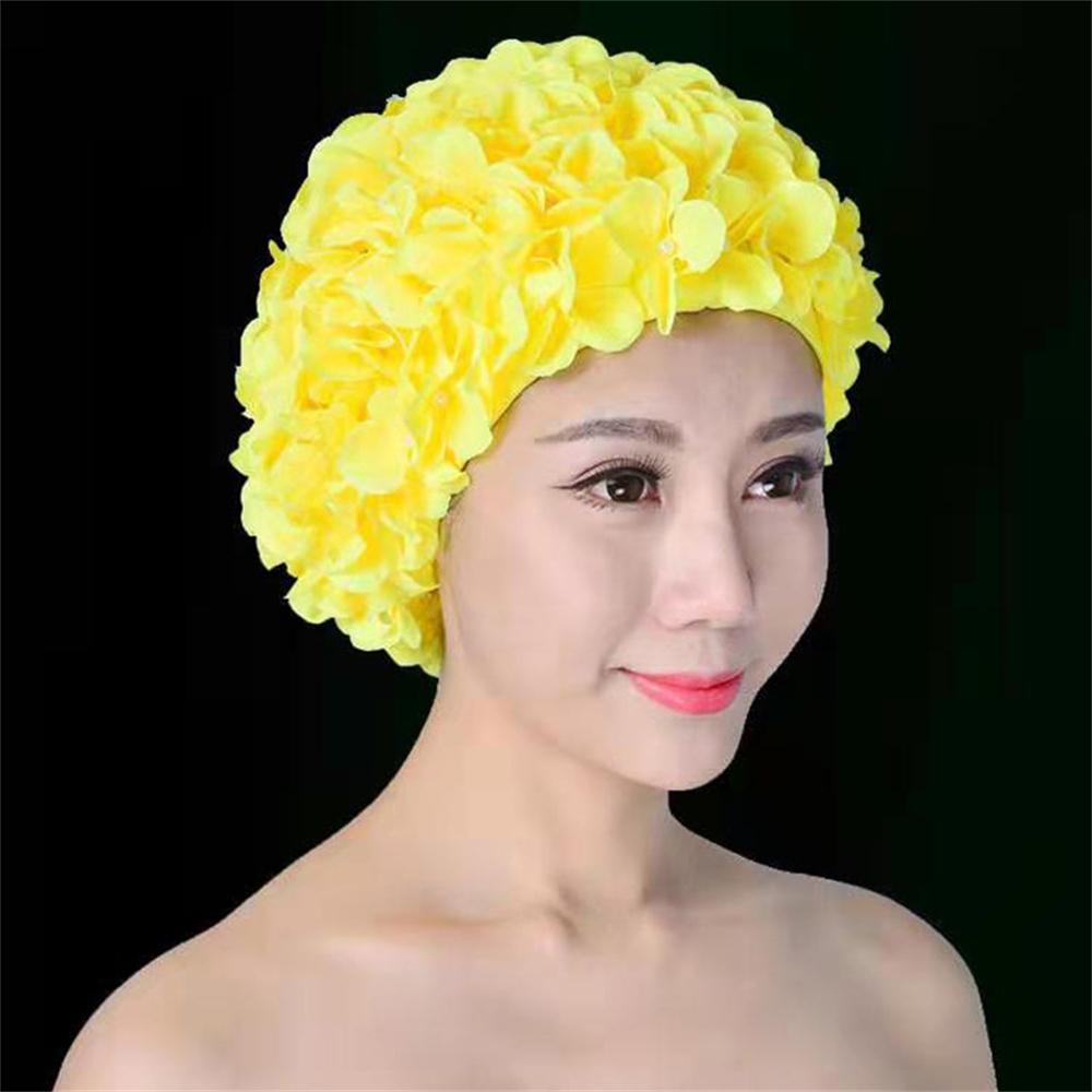 Women's Pleated Flower Swimming Cap Free Size Soft Long Hair Breathable Shower Cap Beach Surfing Protect Ears Elastic Caps Cozy