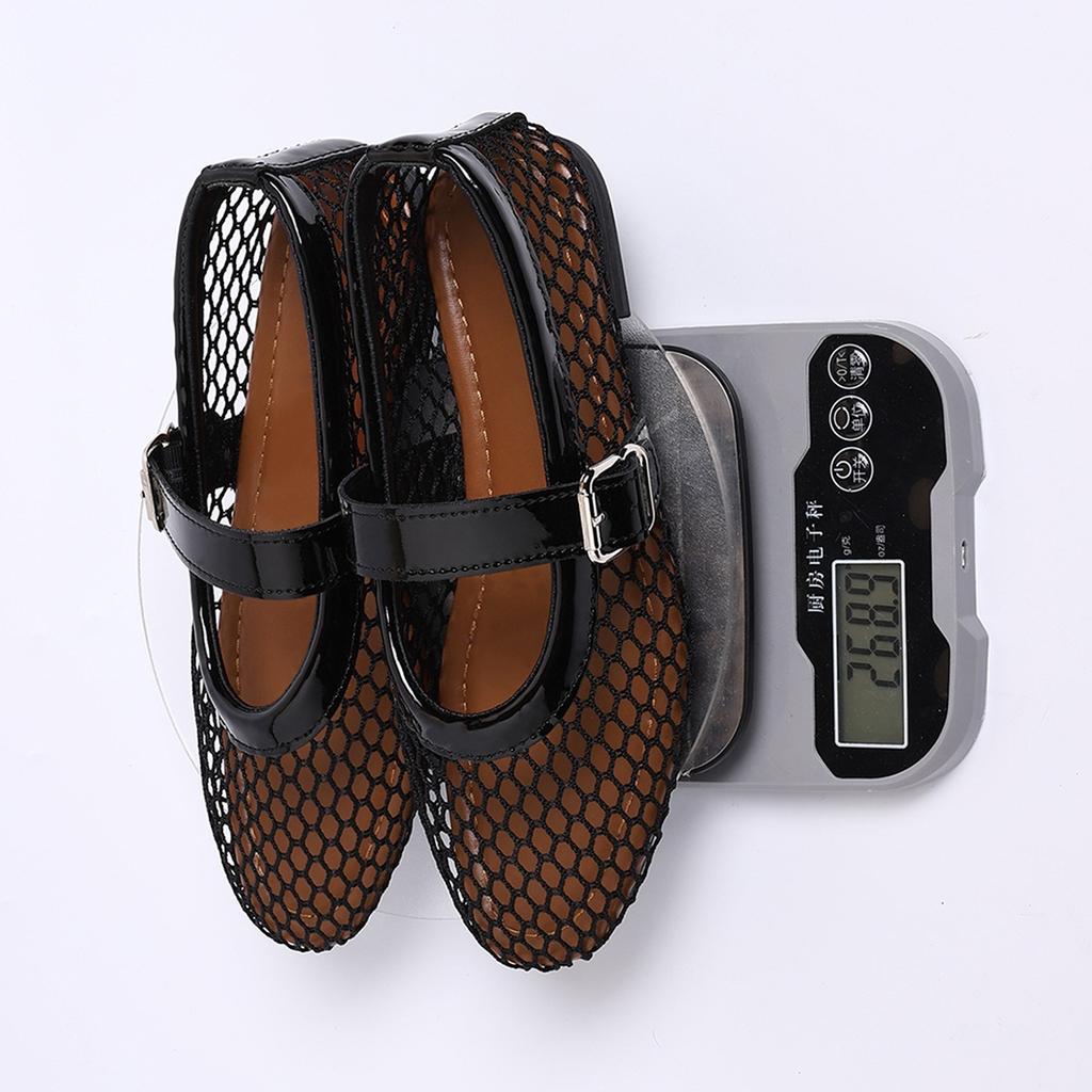 Foreign trade large size European and American fish grid hollow mesh sandals women's 24 new flat bottom one-word buckle Mary Jane shoes bag head