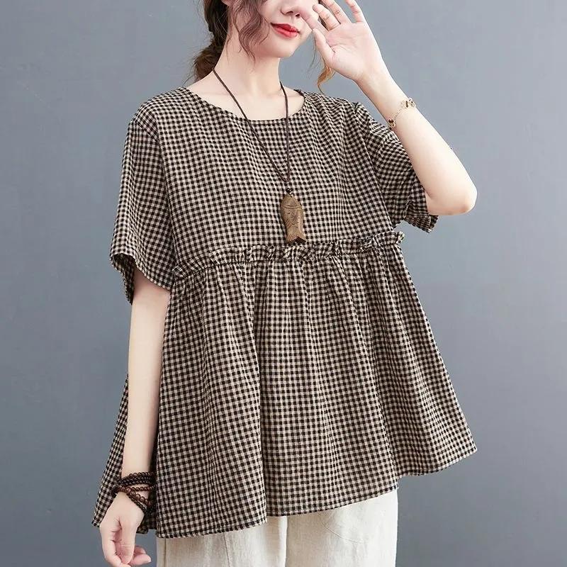 

Летняя женская блузка с коротким рукавом и круглым вырезом, женская рубашка с сетчатым принтом, плиссированная элегантная рабочая рубашка, повседневная свободная сорочка XXXL чёрный