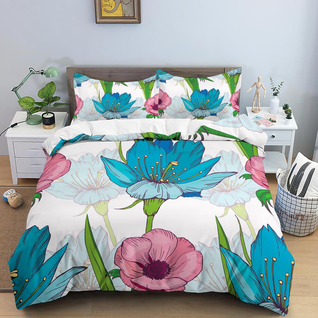 Blumen König Königin Bettbezug Fuchsia Weiß Blumen Bettwäsche Set Für Mädchen Frauen Bunt Pflanzen Blätter 2/3 Stück Polyester Bettdeckenbezug