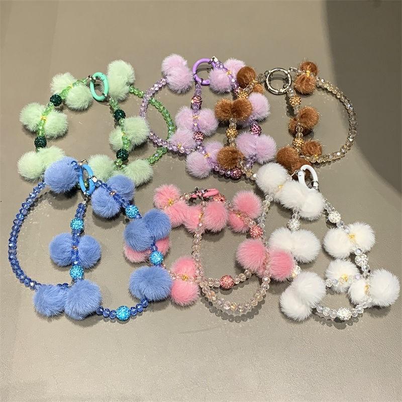 New Style Pom Pom Beaded Phone Chain Crystal Beads Pendant High-end Autumn Winter Pom Pom Double Chain Wrist Hanging Rope