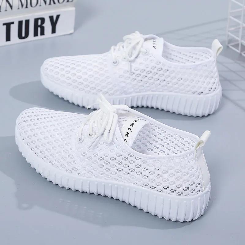 Women Summer Solid Color Soft Sole Anti Slip All Match Casual Large Size Flat Breathable Mesh Sports Shoes