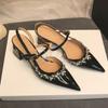 Fashionable Baotou Square Heel Sandals Summer New Pointed Crystal Buckle Line with Soft Sole Non-slip Mid-heel Shoes