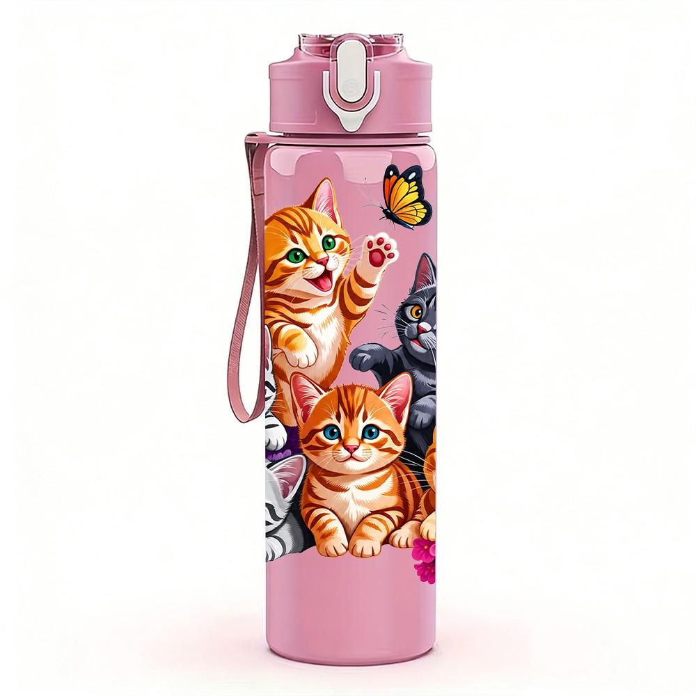 1PC Multi Kitten Floral Bouquet Pattern 750ml Color Plastic Sports Water Bottle Leakproof Flip Straw Lid Suitable for Sports Office Home Use