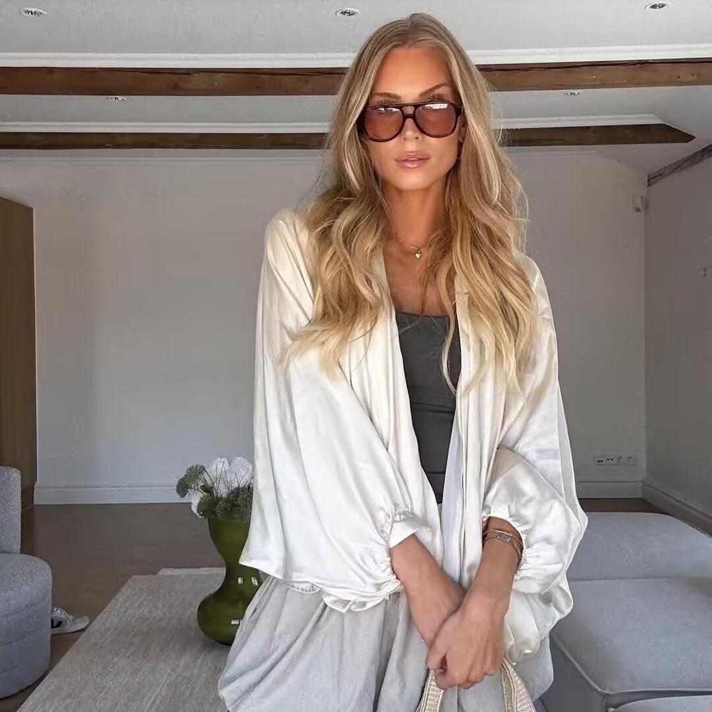 European and American Women's Loose Puff Sleeve Bomber Jacket with Turn-Down Collar