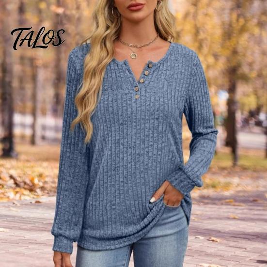 Damen Langarm Tops Geripptes Top, Lockere Freizeitbluse mit Knopf, Einfarbiger Pullover Rundhals-T-Shirt für Frühling Herbst Knopf