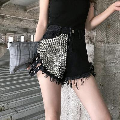 "2023 Women's Black High-Waist Denim Shorts with Rivets: Loose, Wide-Leg, Raw Edge, Ripped BF Style"