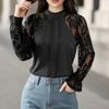Summer Temperament Commuter Lace Stitching Round Neck Long-sleeved Shirt, Elegant Black Stand-up Collar Lace Casual Ladies Top