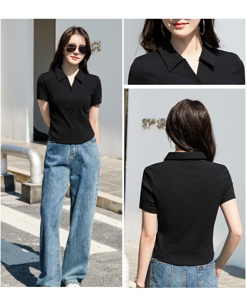 Korean-Style Elegant High-Waisted Slimming Summer Lapel Button T-Shirt