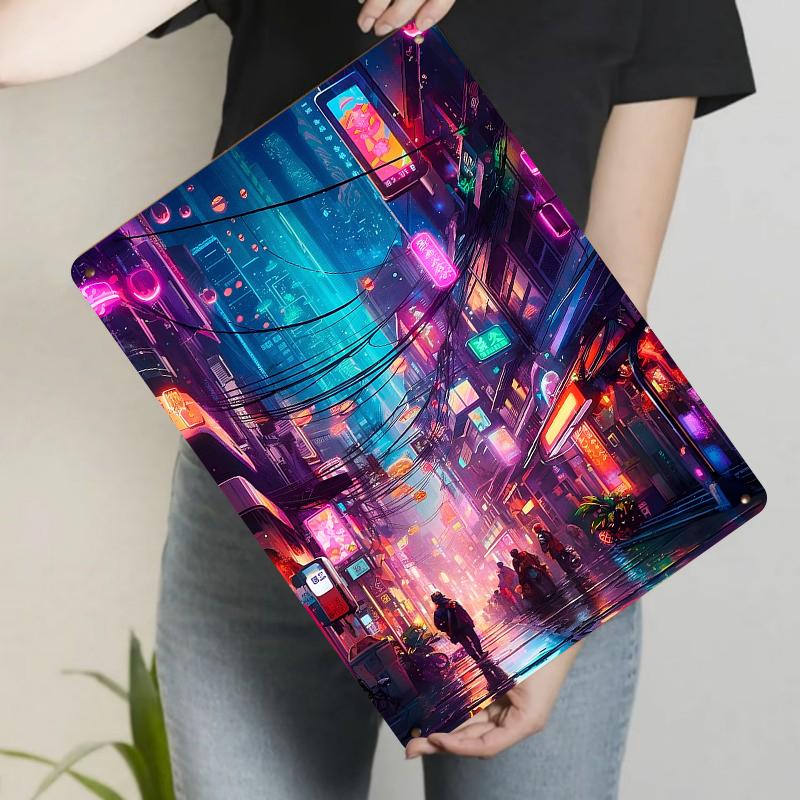 Cyberpunk City Neon Night View Metal Iron Painting Living Room Study Decorative Mural Wall Art Unframed Painting