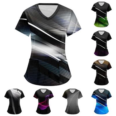 Women's Stripe Geometry Printed Short Sleeve V-neck Tops Working Pocket Blouse