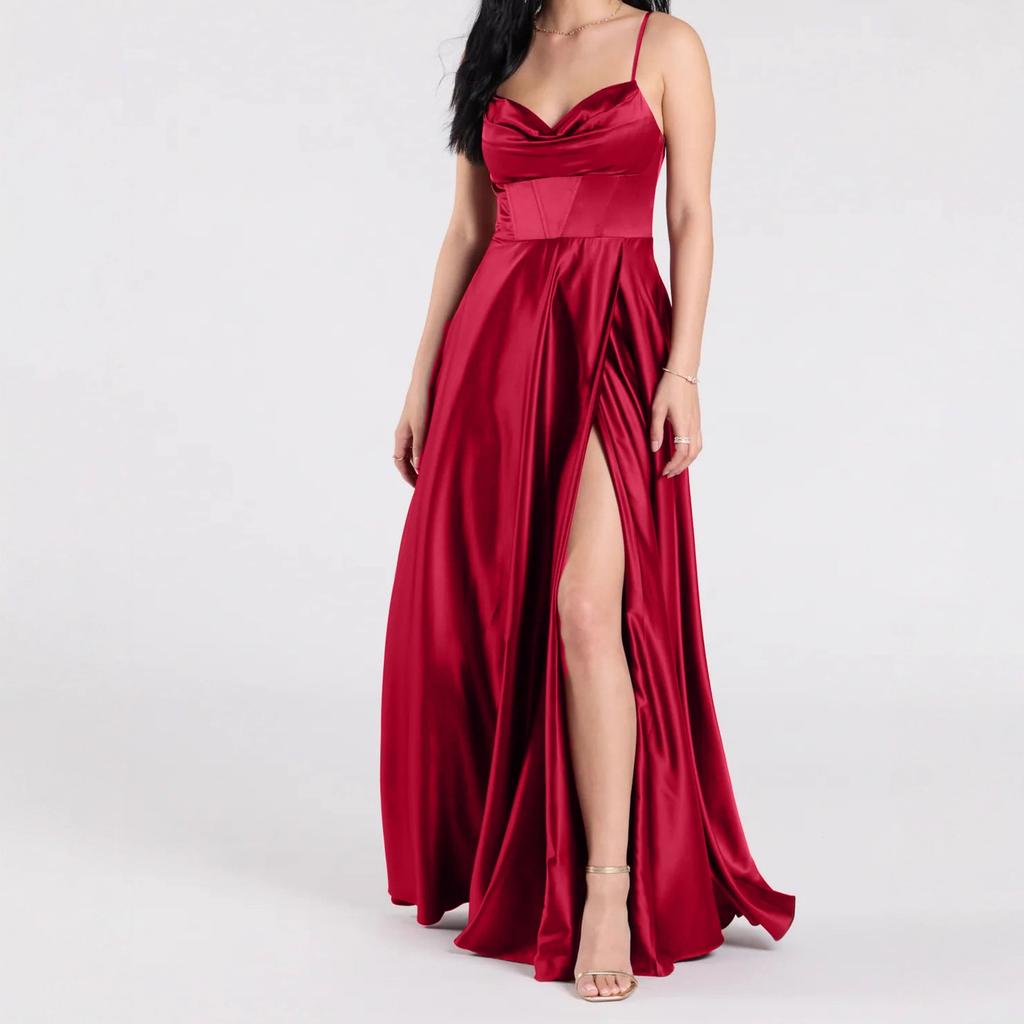 European and American evening dresses women's waist design, thin off-the-shoulder sexy suspender slit American dress
