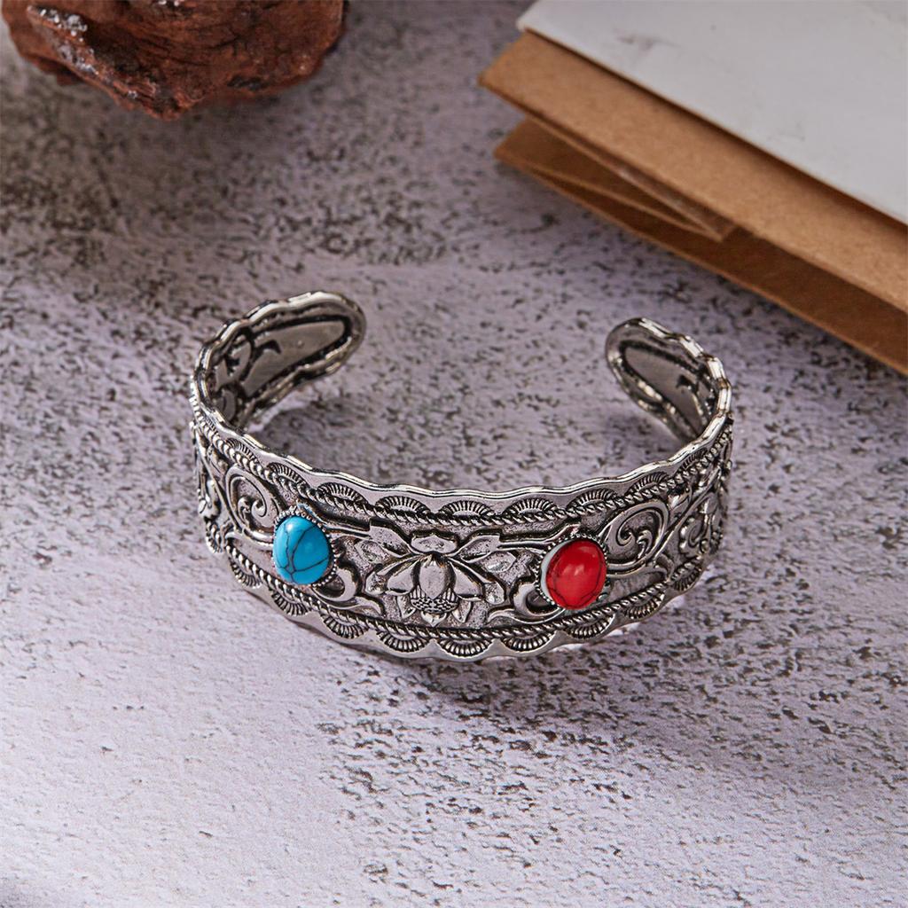 Vintage Antique Silver Color Natural Stone Wide Bangles Bracelets For Women Chinese Style Retro Gold Color Cuff Bracelet Jewelry