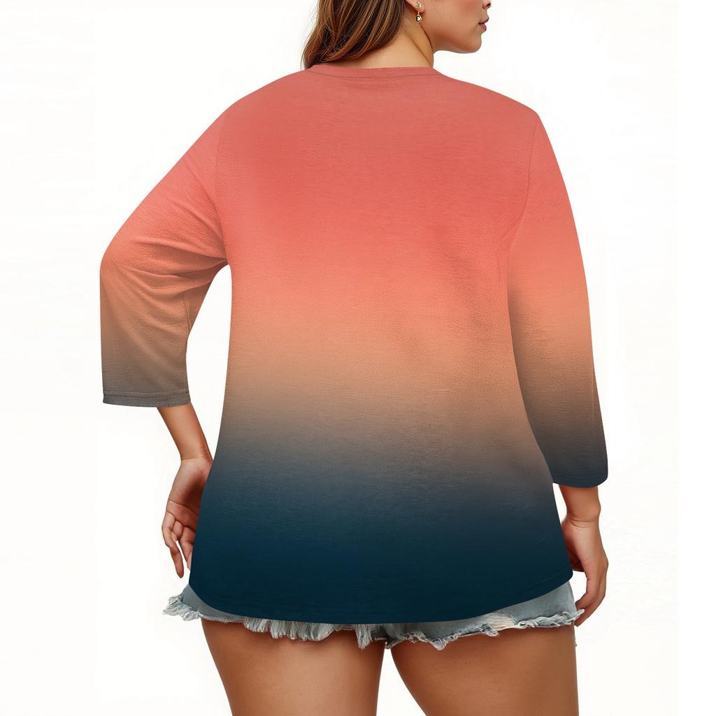 Damen 3/4 Ärmel Tops Übergröße Button-Down V-Ausschnitt Hemden Blusen Lässig Druck Locker