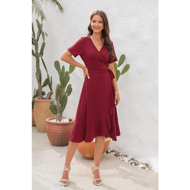 Rochie de vară pentru femei de dimensiuni plus mari, cu decolteu în V, cu talie înaltă, rochie cu cravată, culoare uni, rochie lungă cu mâneci scurte, rochii de călătorie de vacanță