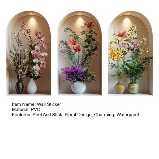 3 Pcs 3D Wall Vase Flower Wall Stickers Vintage Art Self-Adhesive Colorful