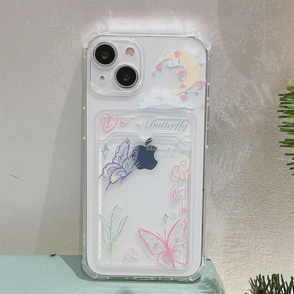 Transparent Butterfly Card Slot Phone Case for iPhone 11/13/14, XS/XR, 15.