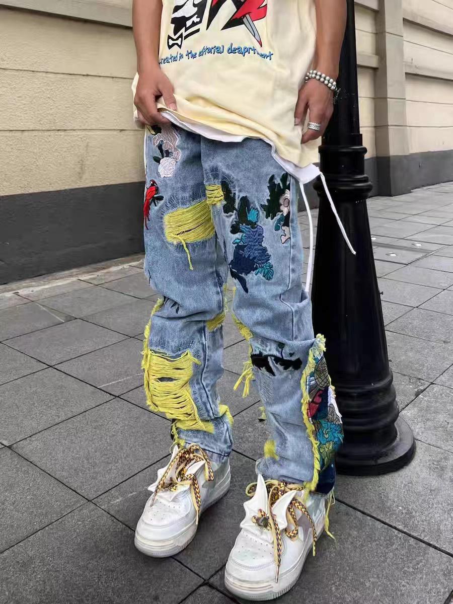 

Джинсы-унисекс с рваными нашивками, вышивкой и кисточками - американский бренд уличной моды 2XL синий