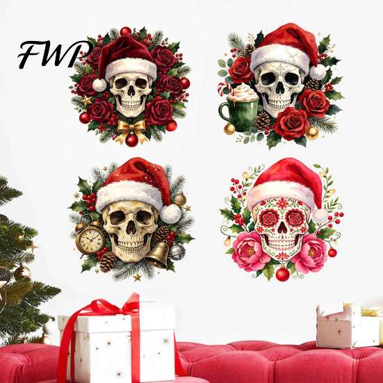 Holiday Window Clings for Glass Christmas Skull Wall Decal, Removable PVC Sticker with Santa Hat Rose Party Decor Design, Dark Bedroom Living