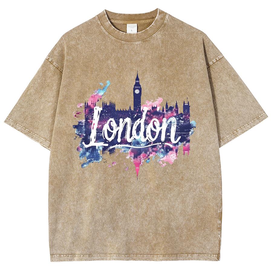 Londyn T-shirt Damski z Nadrukiem Listów Rozpryskanych Tuszem Bawełna Płukana Oversize Krótki Rękaw Moda Marka Modowa Top Uliczny Czarny