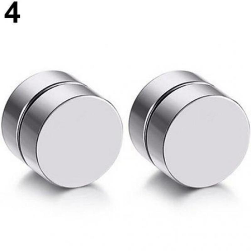 Men Fashion Round Stainless Steel Magnetic Clip On No Piercing Ear Stud Earrings