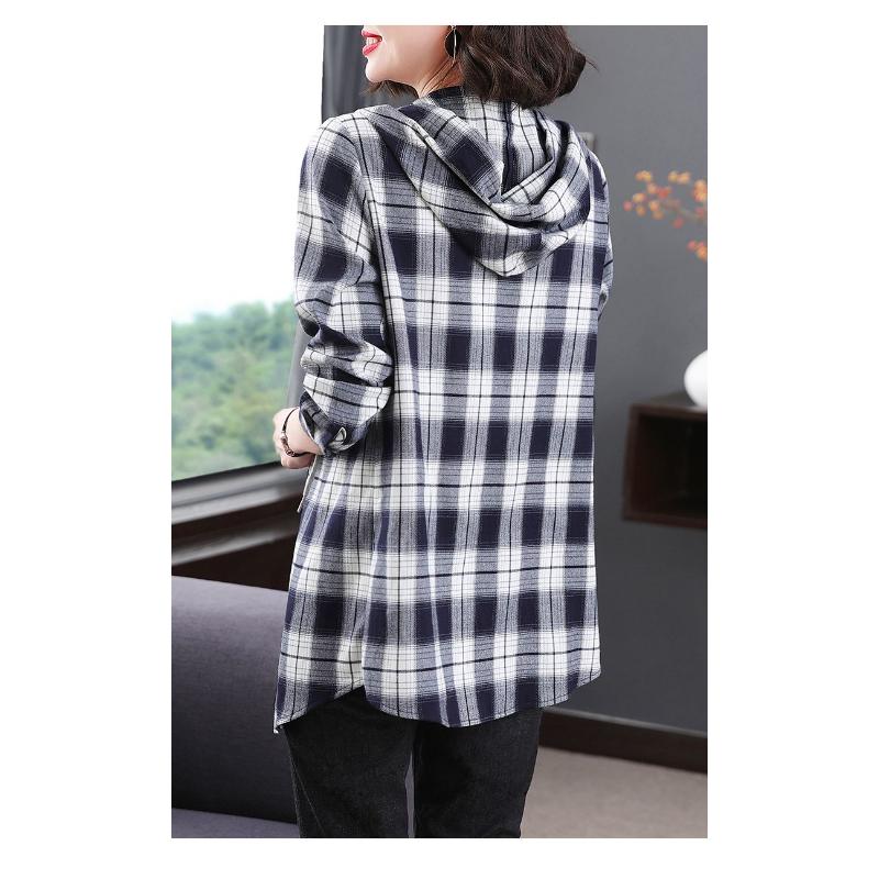Women's Spring and Autumn 2025 New Stitched Hooded Button Lace Plaid Fashion Versatile Casual Long Sleeve Shirt