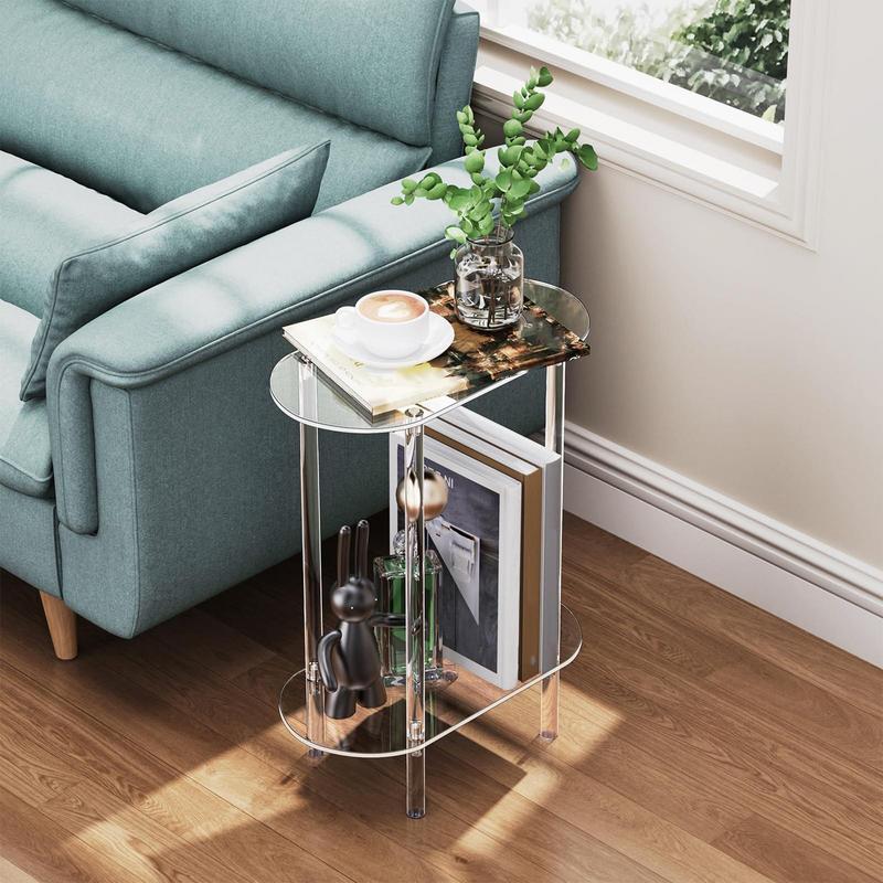 Acryl Transparenter Teetisch Sofa Beistelltisch 2-stöckiger Couchtisch Ovales Ende Nachttisch für Wohnzimmer Schlafzimmer