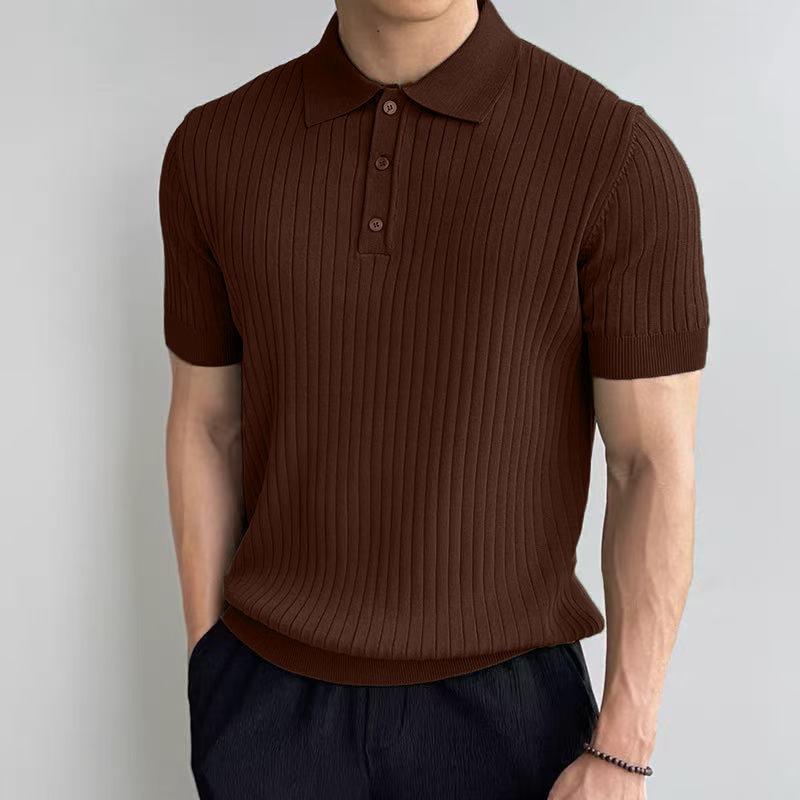 Summer Vintage Polo-neck Knitting Pullover Top Male Short Sleeve Solid Color Tee Men Casual Fashion T-shirt