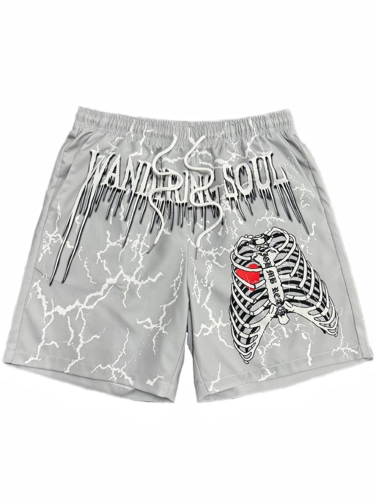 Men Gothic Angel Graffiti 3D Print Mesh Beach Shorts Elastic Drawstring Loose Straight Casual Summer Board Shorts
