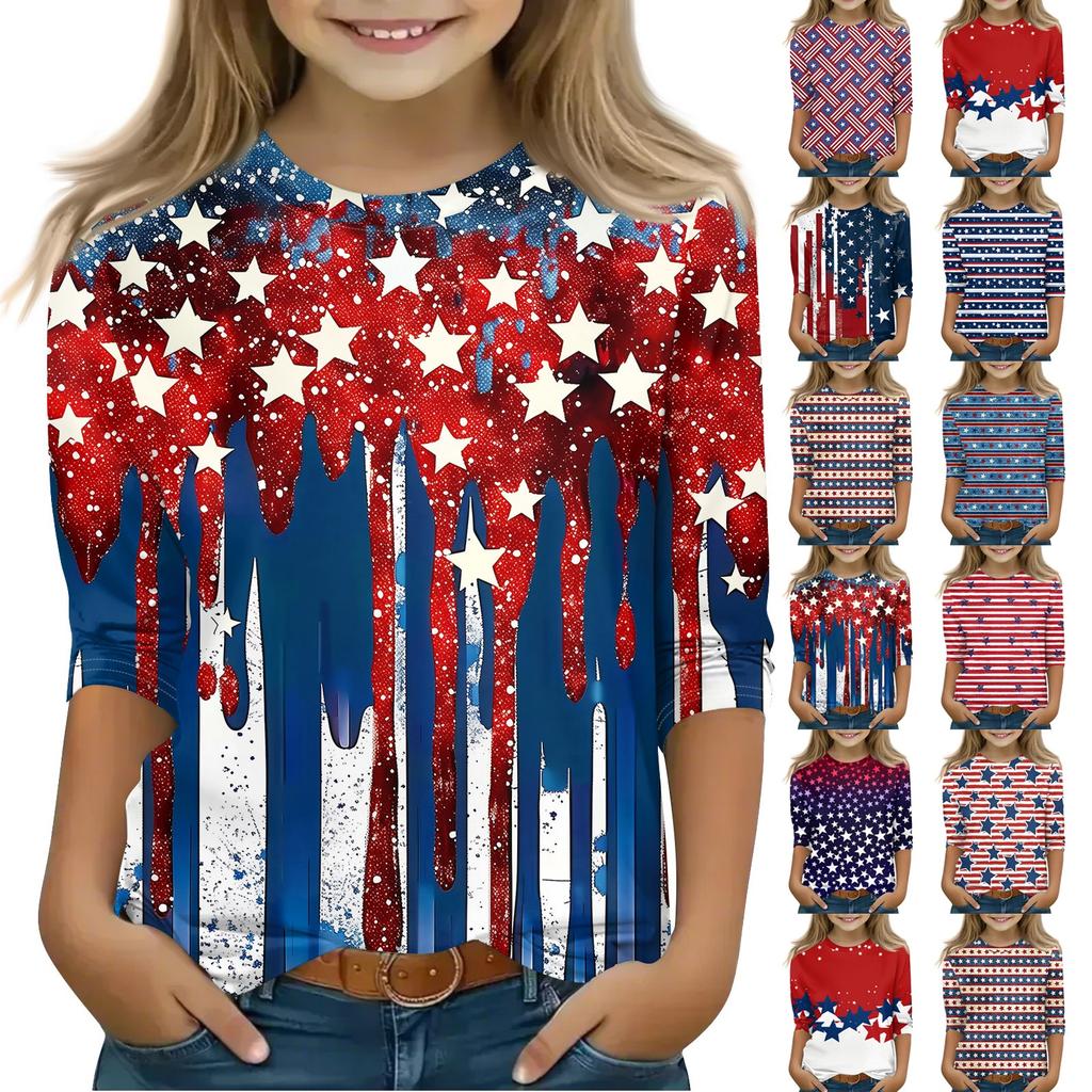 Print Tops For Youth Girls 3-10 Years Round Neck 3/4 Sleeves T-Shirts Trendy Tops Outfit Tees