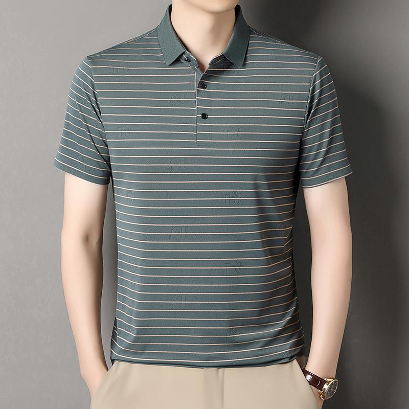 High-End Light Luxury Thin T-Shirt Men'S Striped Lapel Polo Shirt Mulberry Silk Half Sleeve