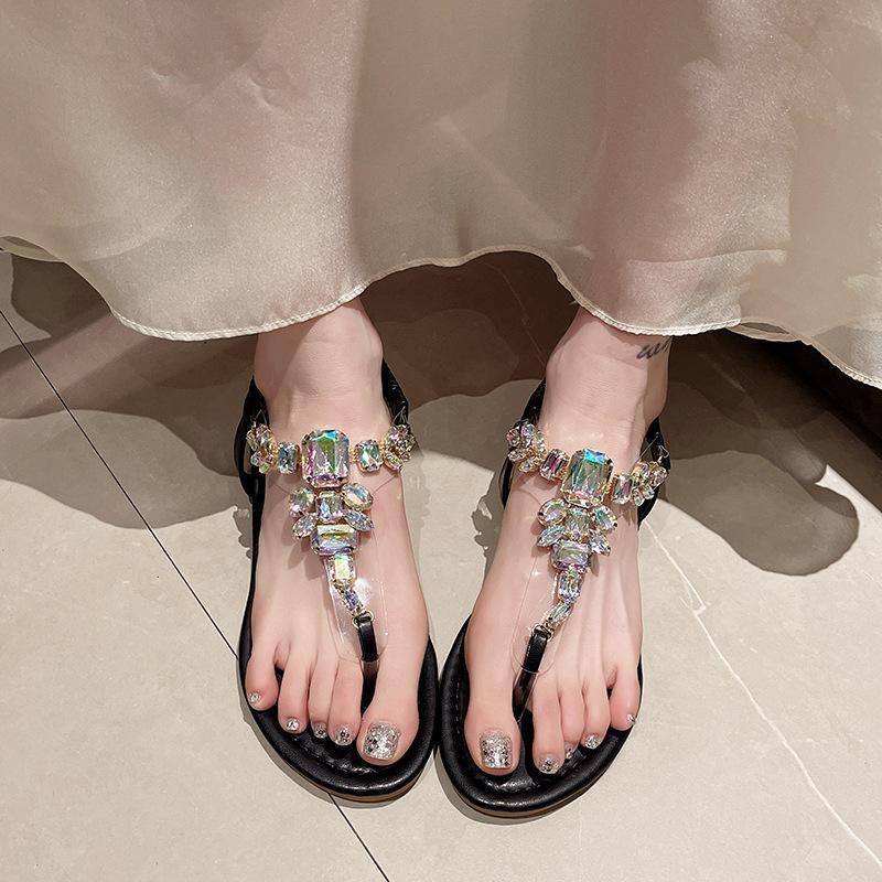 European and American large-size sandals women's summer 2025 new flat-bottomed versatile non-slip fashion rhinestone herringbone women's sandals