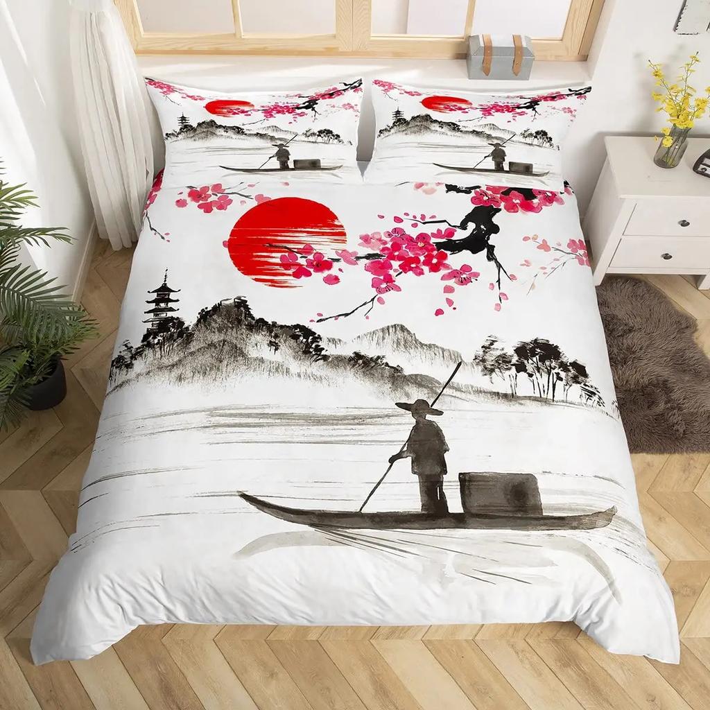 Japanese Style Crane Soft Duvet Cover Set Ful Sized Dimensions,Exotic Red Sun Sea Waves Beding Sets,Vintage Ukiyoe Traditional Warm Comforter Cover