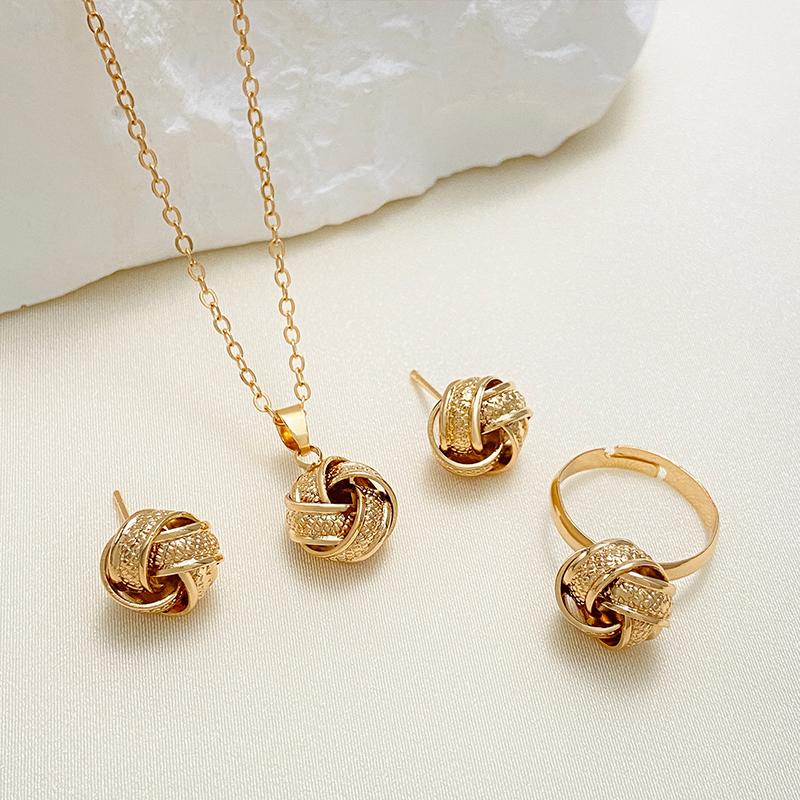 3Pcs/Set Gold-Color Ball Shape Jewelry Trendy Twist Lucky Knot Adjustable Rings Necklace Earrings For Woman Party Wedding Gifts