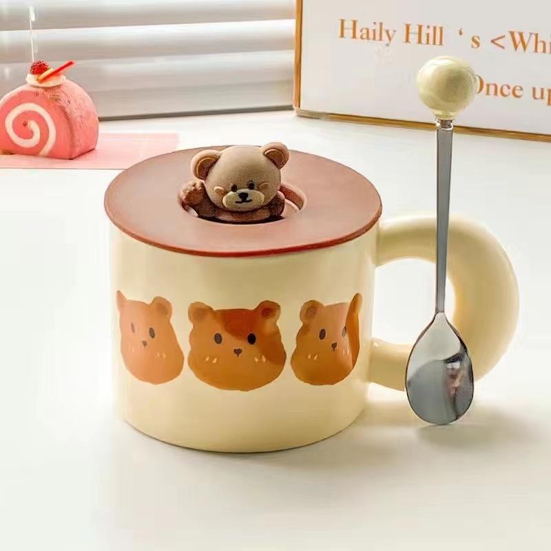 French milk fufu bear mug with lid spoon girls household cute ceramic cup couple breakfast coffee cup