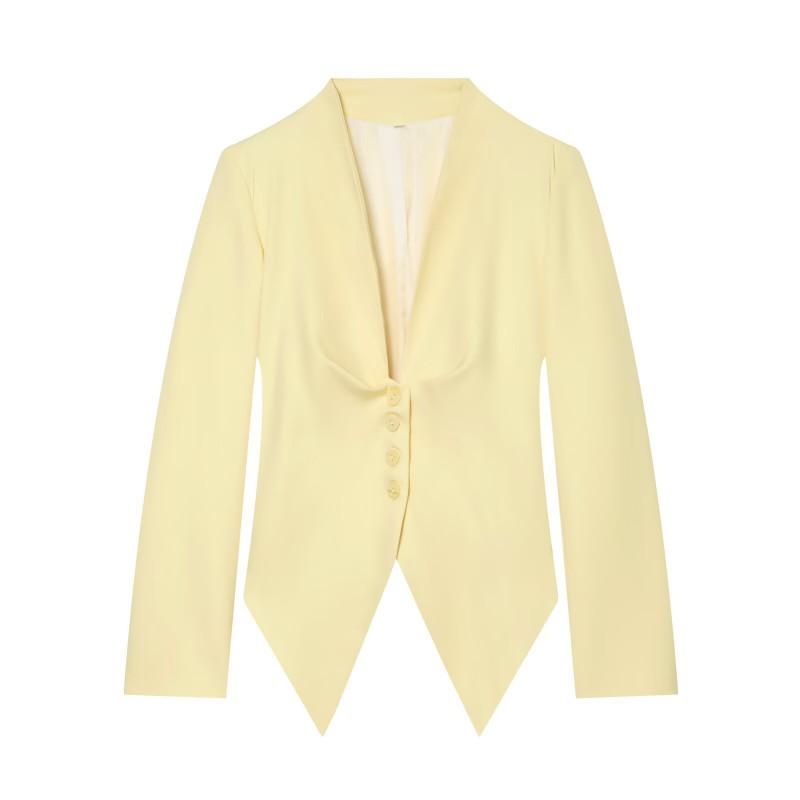 Womens Single-Breasted V-Neck Long Sleeve Blouse Pleated Chest Mid-Length Casual Blazer 2026 Fall