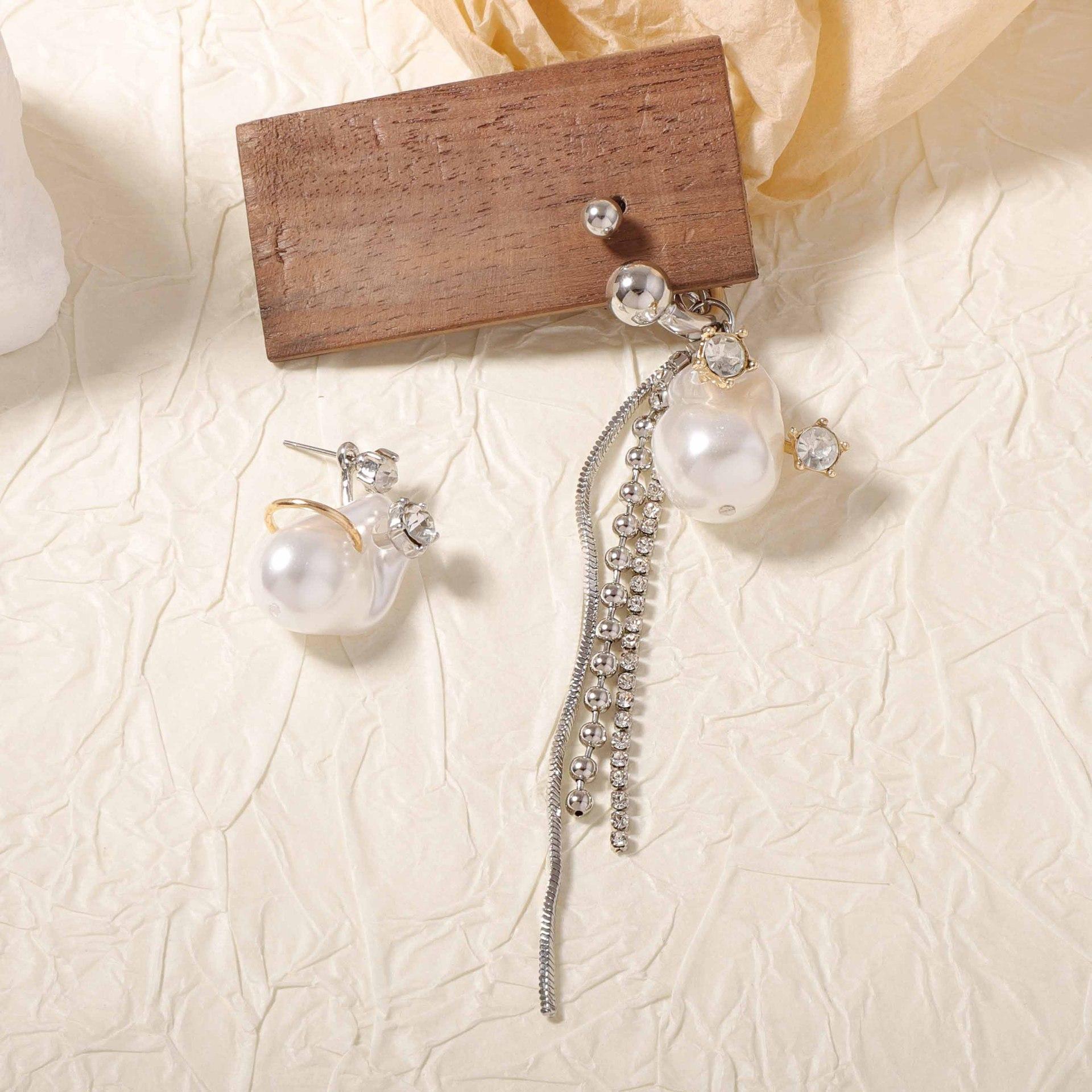 Niche fashion asymmetrical zircon-inlaid long tassel imitation pearl pendant copper earrings versatile fairy серебряный