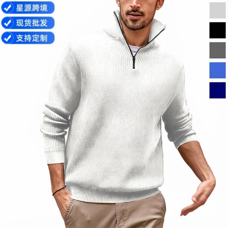 Men Long Sleeve Zipper Stand Collar Striped Thick Casual Polo Shirt