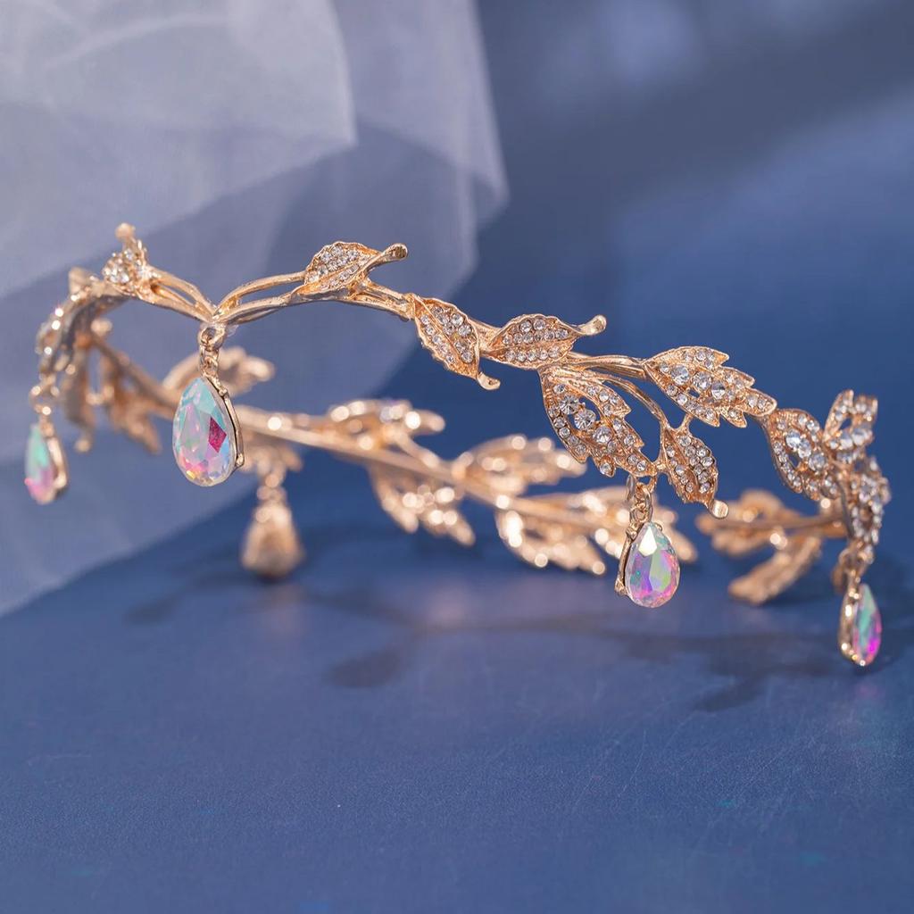 Nuovo Vintage Corona Foglie Goccia Pendente Tiara Cerchietto Matrimonio Strass Festa Principessa Elfo Acconciatura Gioielli