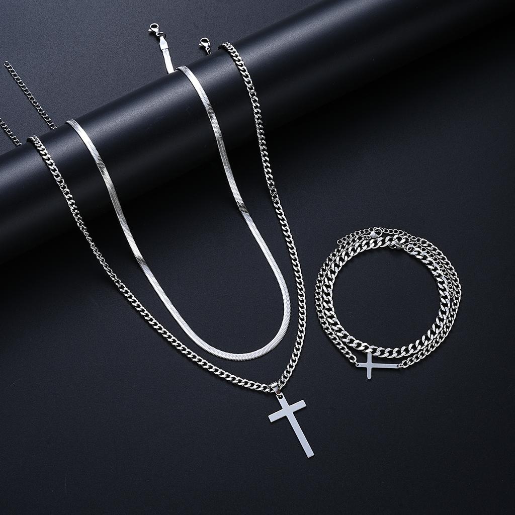 4Pcs Punk Stainless Steel Cross Pendant Necklace Bracelet Sets Simple Silver Color Jewelry Set for Men Unisex Hip Hop Jewelry