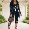 Women Plus Size Butterfly Printed Three Piece Set Long Sleeve Open Front Cardigan Crop Top Long Pants