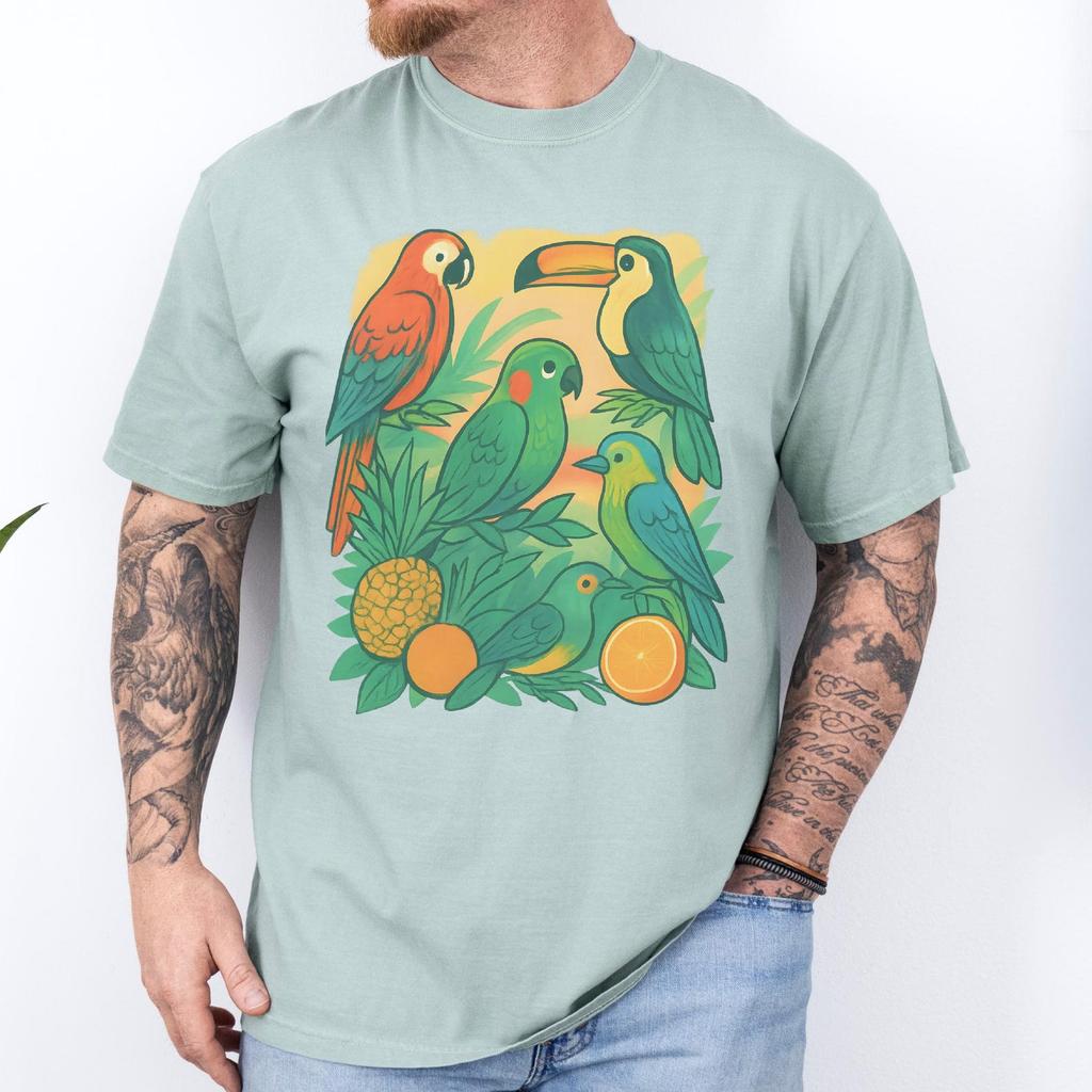 Tropical ParroT shirt, Colorful Bird T shirt, Macaw & Toucan Graphic Tee, Summer Vacation Shirt, Cottagecore Nature Top, Bird Lover Gift