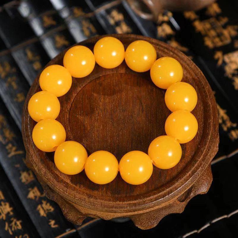 Ethnic Style Amber-Look Buddhist Beads Bracelet - Unisex Chicken Fat Yellow Strand