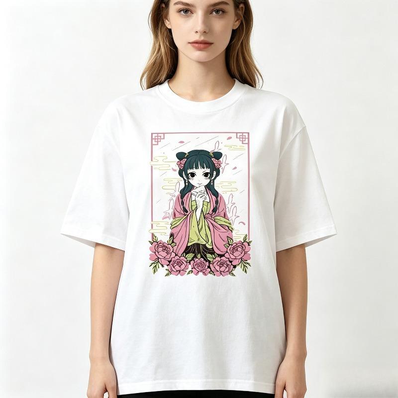 Unisex Anime Floral Print Tshirt Japanese Style Streetwear Summer Cotton Loose Fit Tee