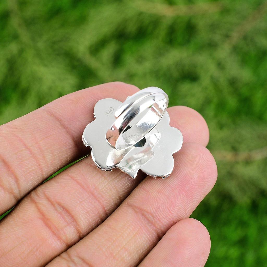 Gift For Her Natural Larimar Stackable Flower Adjustable Ring 925 Silver