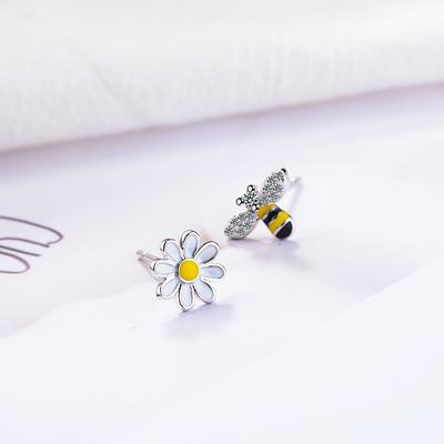 925 Sterling Silver Bee Sun Flower Asymmetrical Stud Earrings With Bling Zircon For Women Jewelry S-E644
