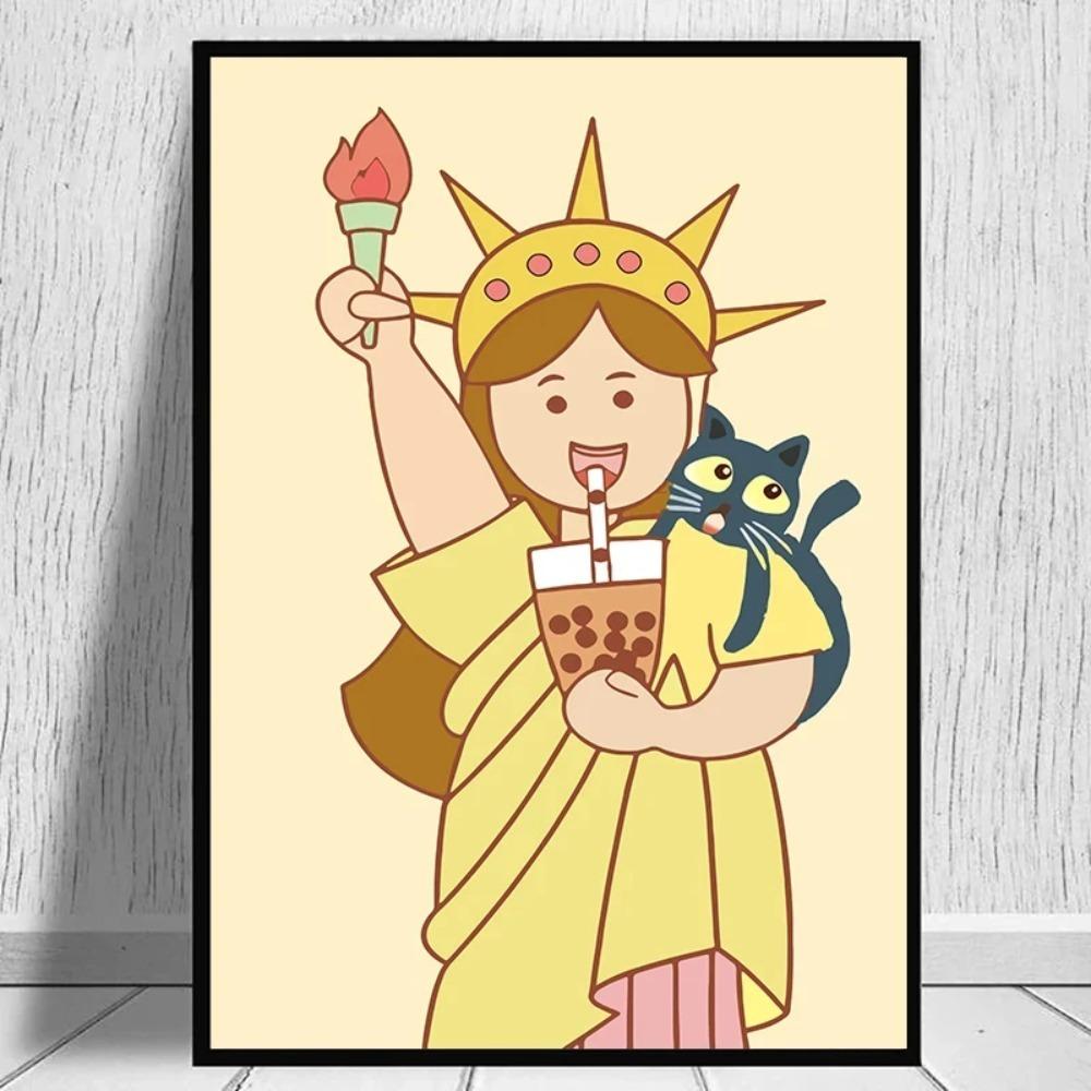 Funny Mona Lisa Bubble Tea Famous Portrait Cartoon Painting Art Print Poster Wall Living Room Home Decor